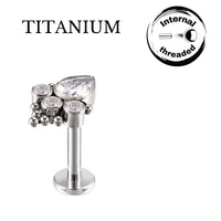 Implant Grade ASTM F136 Titanium Teardrop And 3 Round CZ Clustered Balls Internaly Threaded Labret