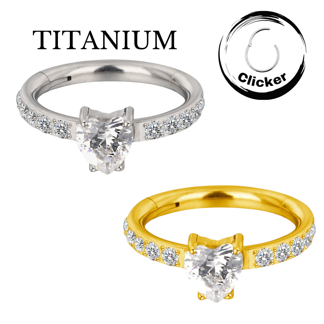 Implant Grade ASTM f136 Titanium Prong Set Heart CZ With CZ Paved Side Segment Clicker