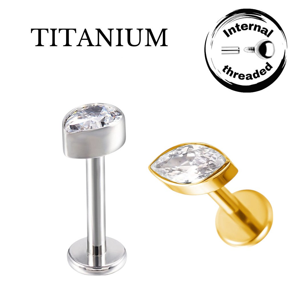 Implant Grade ASTM F136 Titanium Bezel Set Teardrop Internaly Threaded Labret
