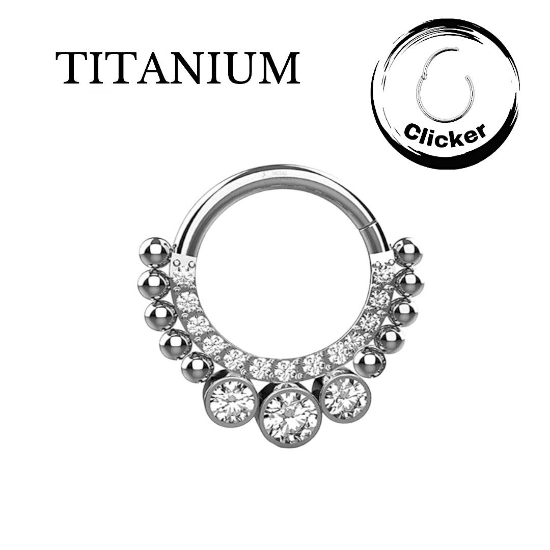 Implant Grade ASTM F136 Titanium CZ Pave Face With 3 CZ and Balls Blaze Set Side Segment Clicker