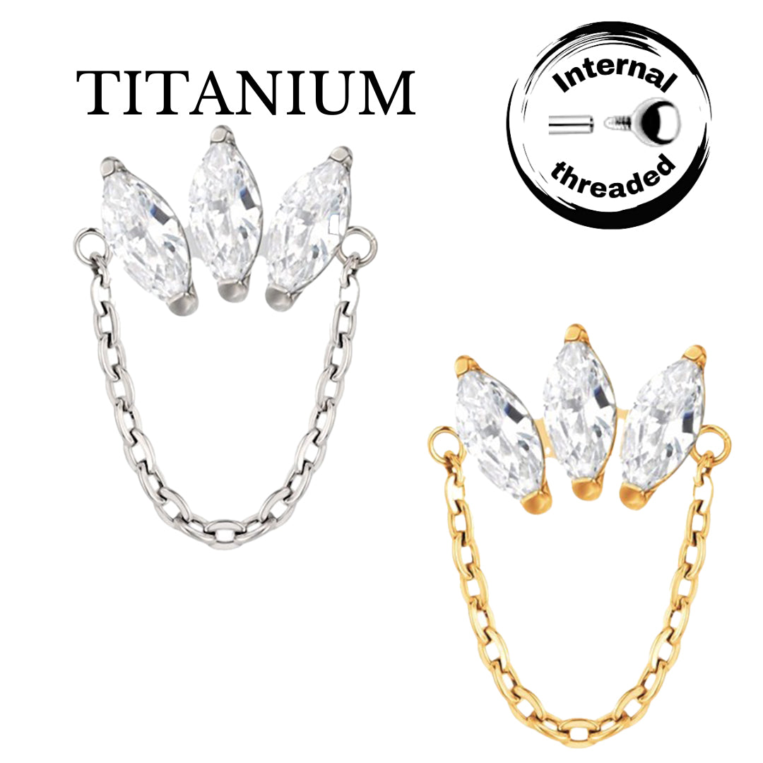 Implant Grade ASTM F136 Titanium 3 Marquise CZ Dangle Chain Internaly Threaded Labret
