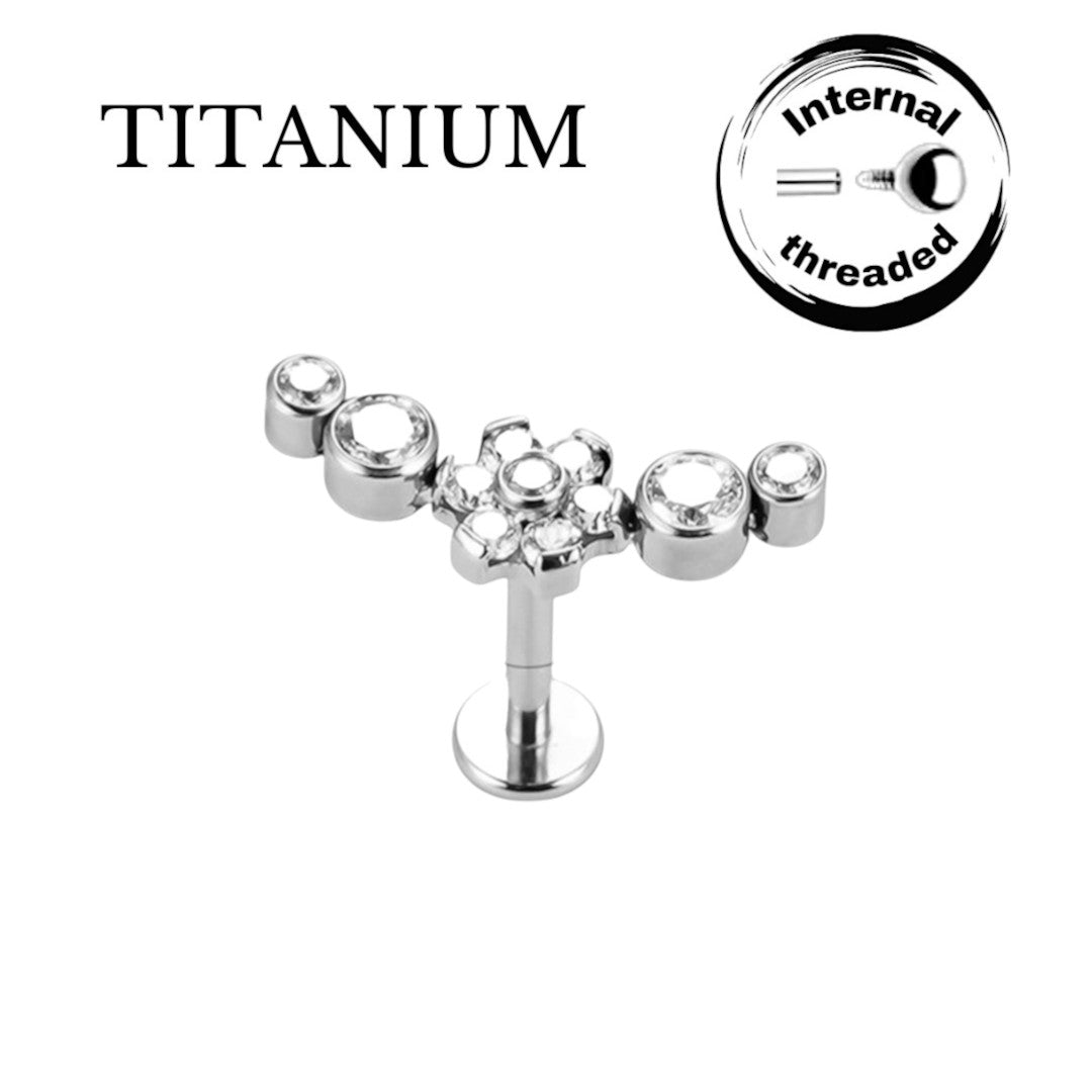 Implant Grade ASTM F136 Titanium 4 CZ Stone With Flower Internaly Threaded Labret