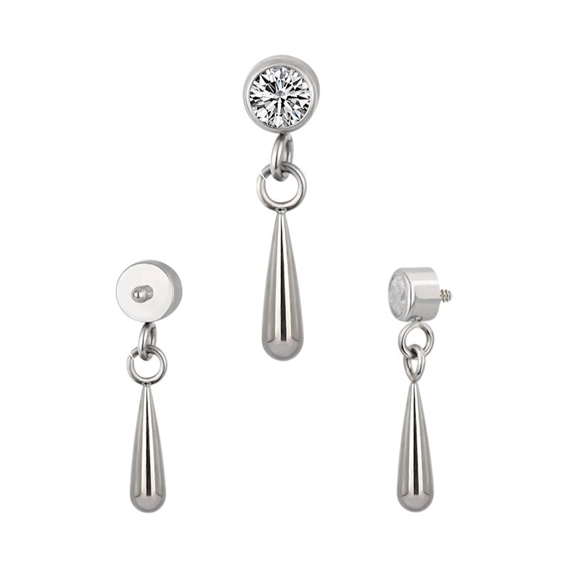 Implant Grade ASTM F136 Titanium Bezel CZ Tear Drop Dangle Internaly Threaded Labret