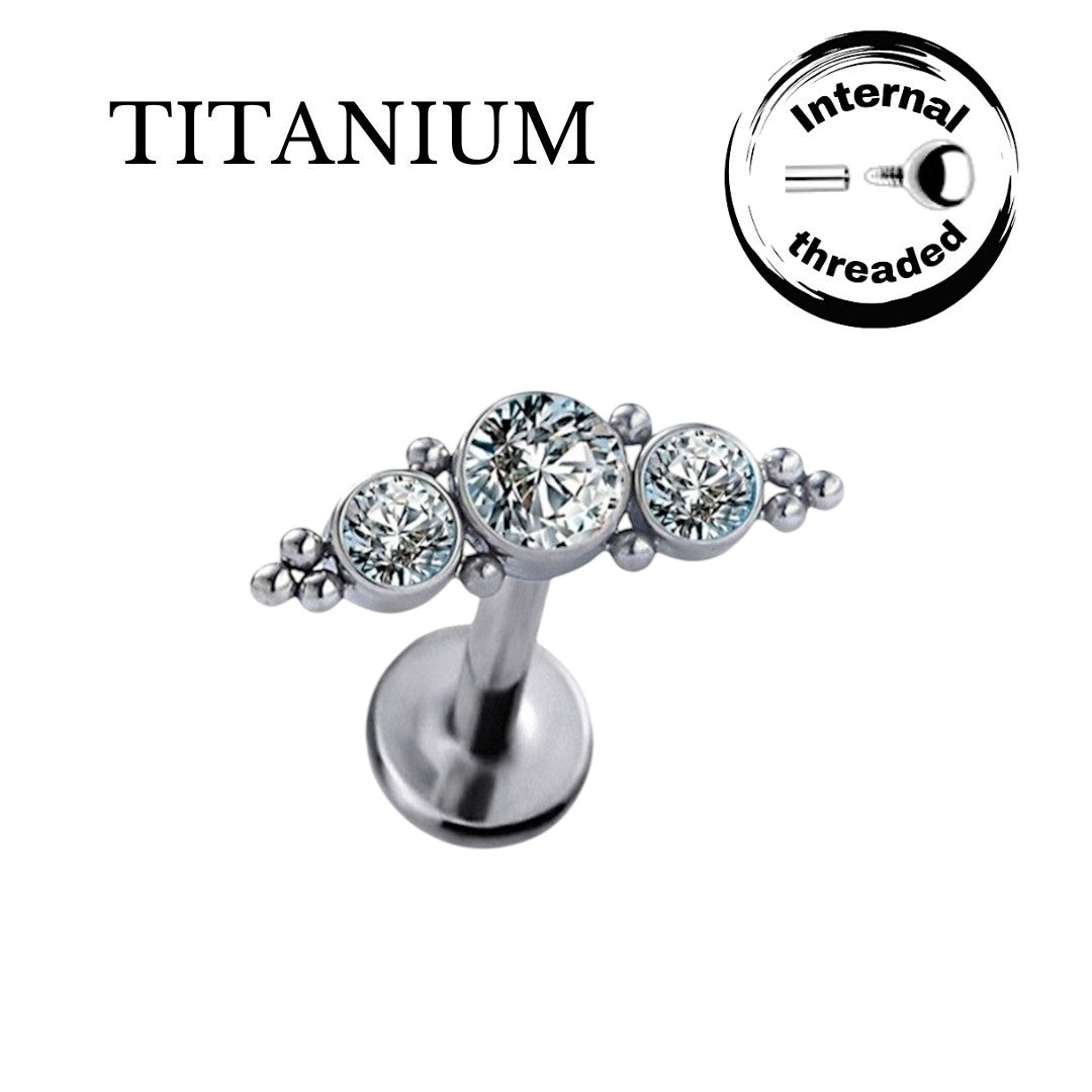 Implant Grade ASTM F136 Titanium 2 Tri-Beat Cluster With 3 CZ Stone Internaly Threaded Labret