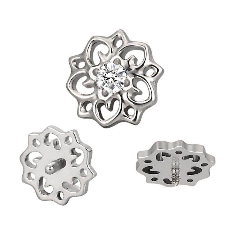 Implant Grade ASTM F136 Titanium Small Hollow Swirl Flower CZ Center Internaly Threaded Labret