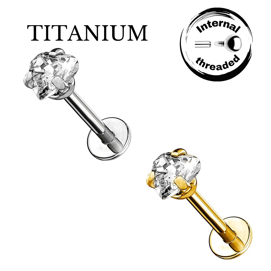 Implant Grade ASTM F136 Titanium CZ Heart Internaly Threaded Labret