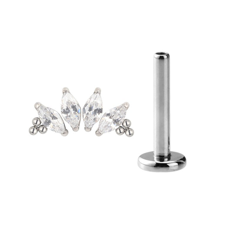 Implant Grade ASTM F136 Titanium 4 Prong Set Marquise CZ With Tri-Beard Balls Internaly Threaded Labret