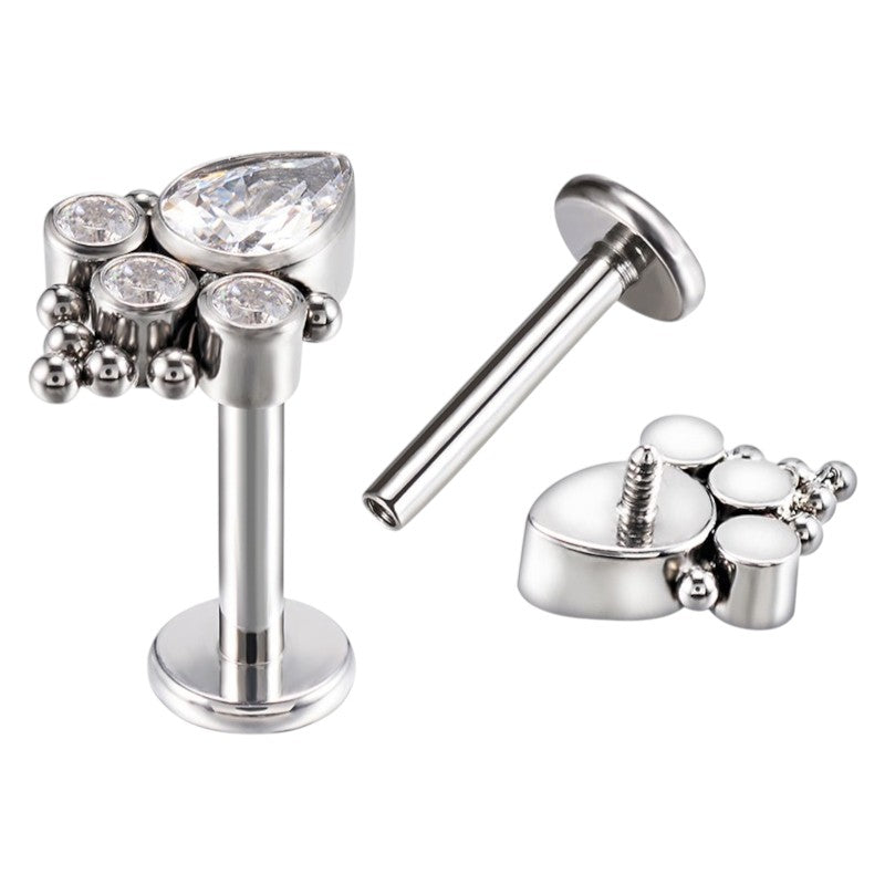 Implant Grade ASTM F136 Titanium Teardrop And 3 Round CZ Clustered Balls Internaly Threaded Labret