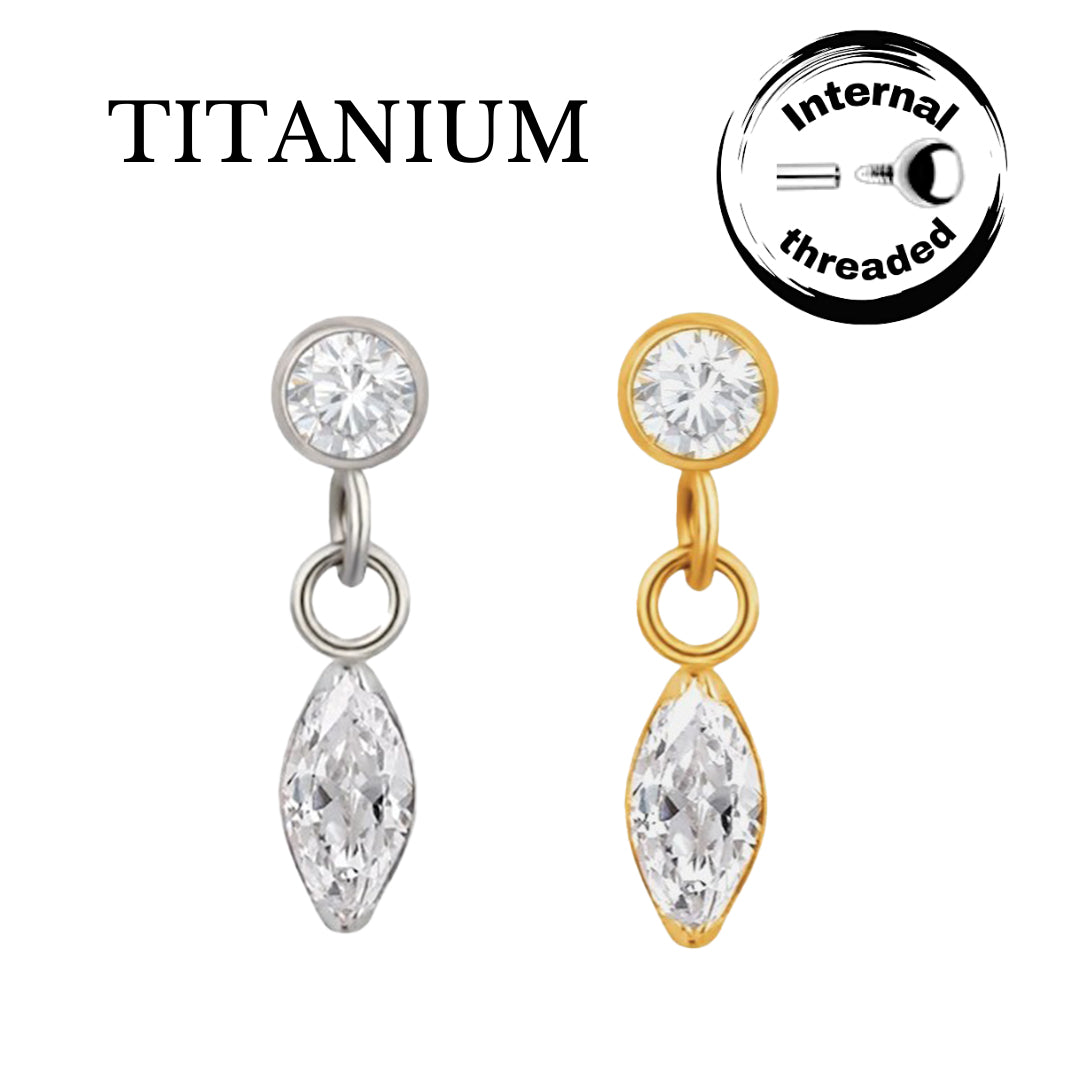 Implant Grade ASTM F136 Titanium Bezet CZ Dangle Chain Marquise CZ Internaly Threaded Labret