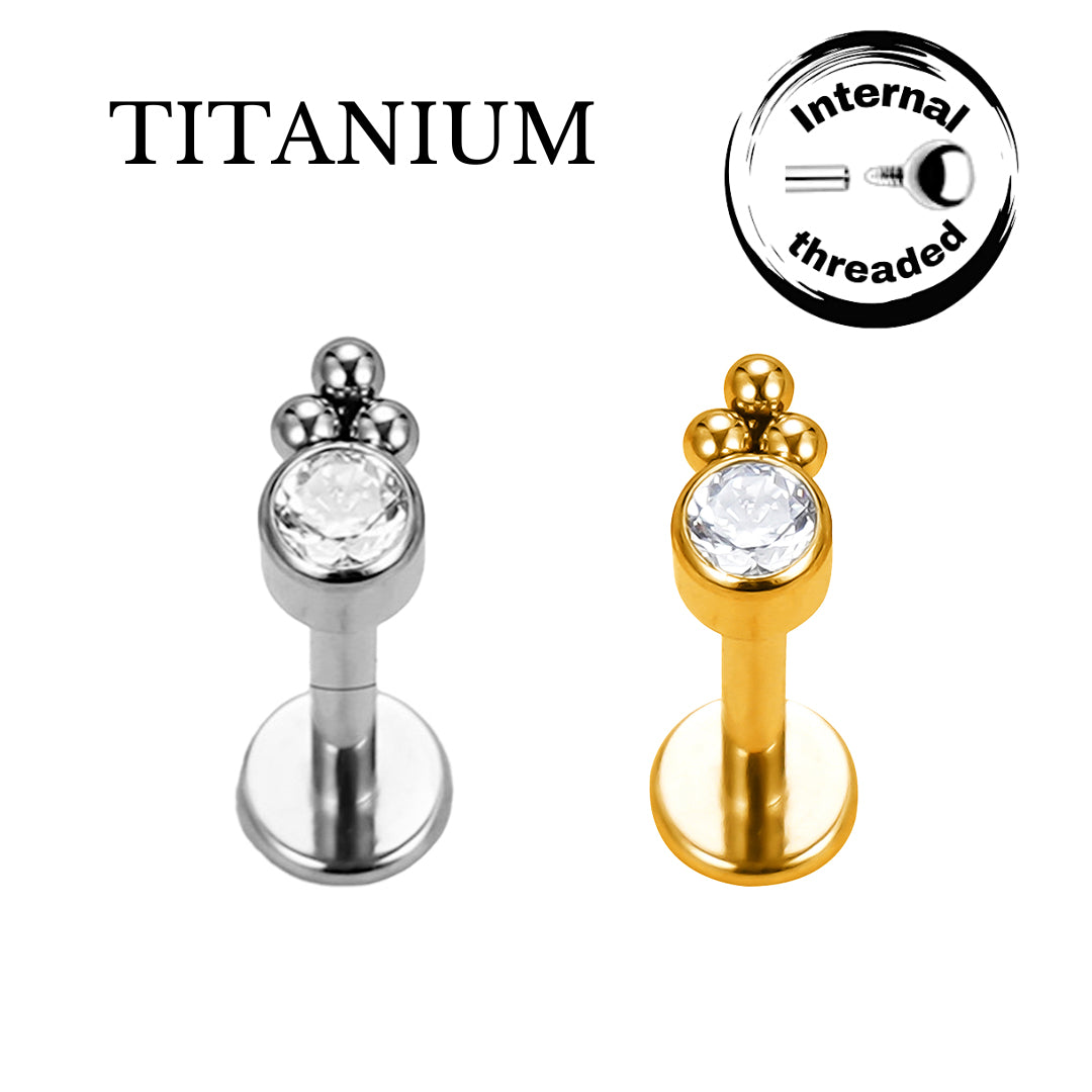 Implant Grade ASTM F136 Titanium CZ With 3 Balls Cluster Internaly Threaded Labret